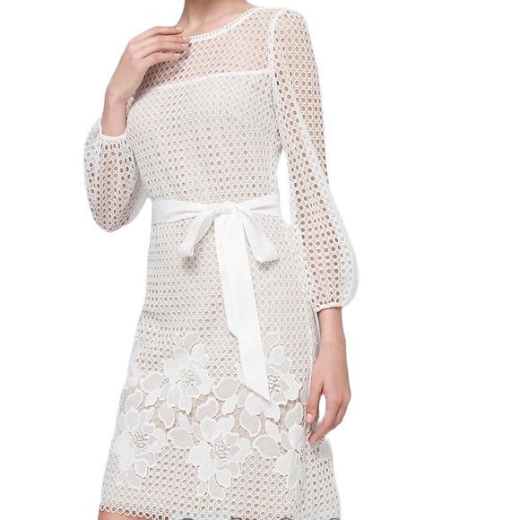 WHBM $200 Womens Guipure Lace Chemise Dress Size 6 Ecru Lined Tie-Belt Holiday - Picture 1 of 10